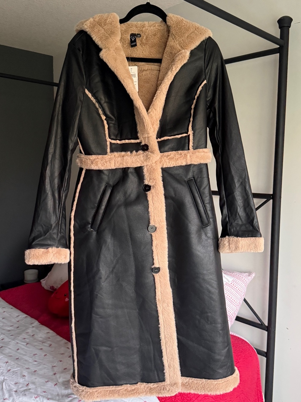 Windsor Black Faux Leather Coat with Beige Shearling Trim